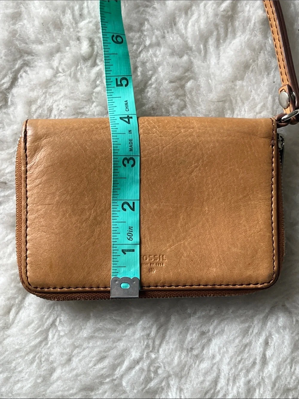Fossil Tan leather zip around wallet wristlet with snap front compartment